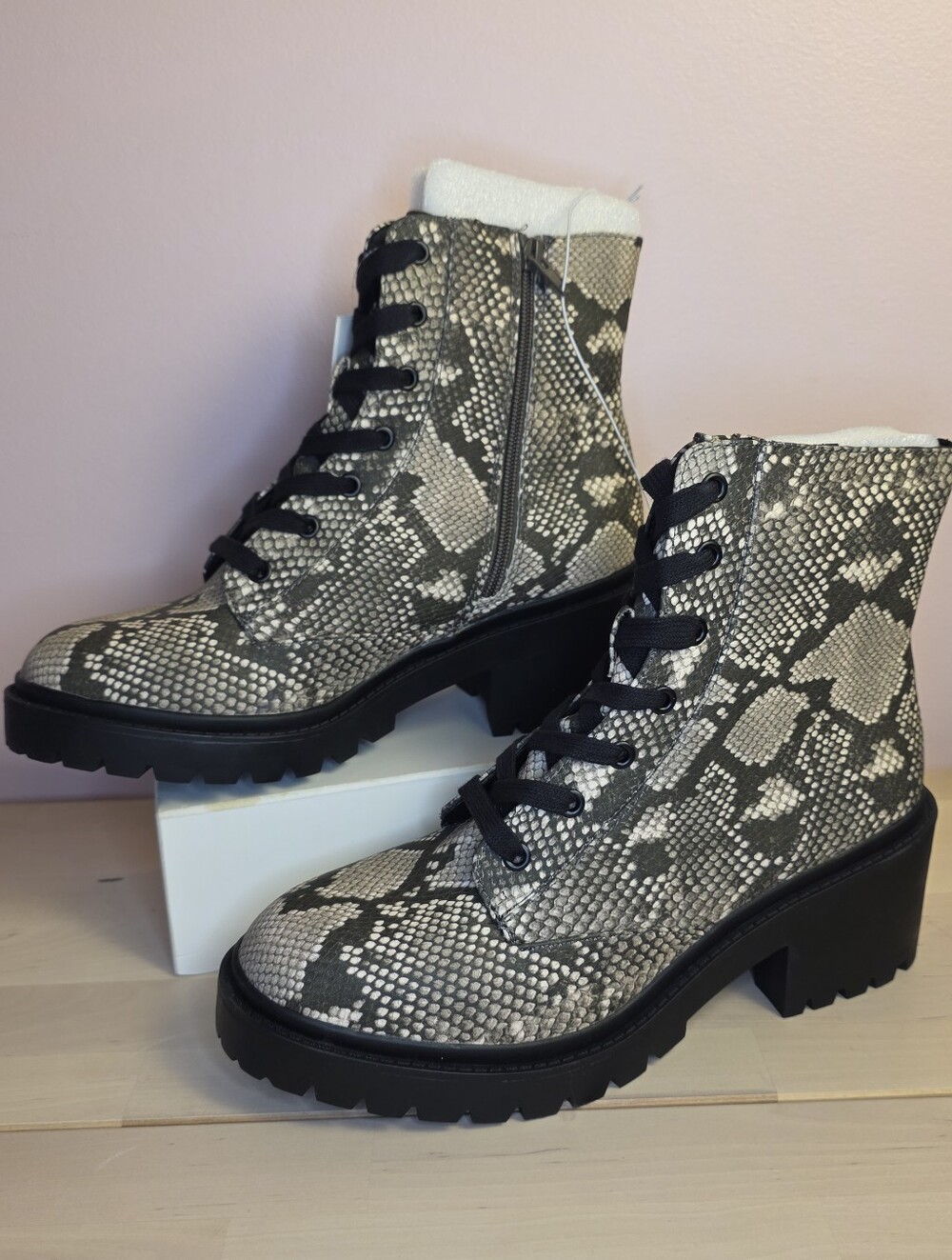 Snake-Print Lace-Up Combat Boots - Black & Cream - Picture 2 of 7